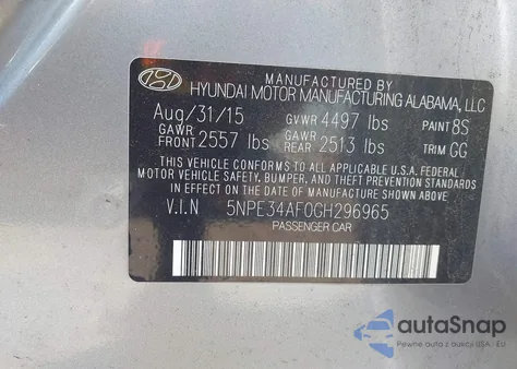 2016 Hyundai Sonata Sport z USA, uszkodzony, nr VIN 5NPE34AF0GH296965